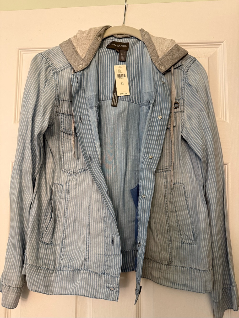 Michael Stars Light Blue Striped Jean Jacket with Gray Hood